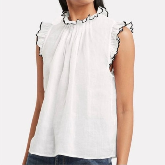 Frame Denim White Ruffle Sleeveless Ramie Tipped Blouse Size Medium - Picture 1 of 10